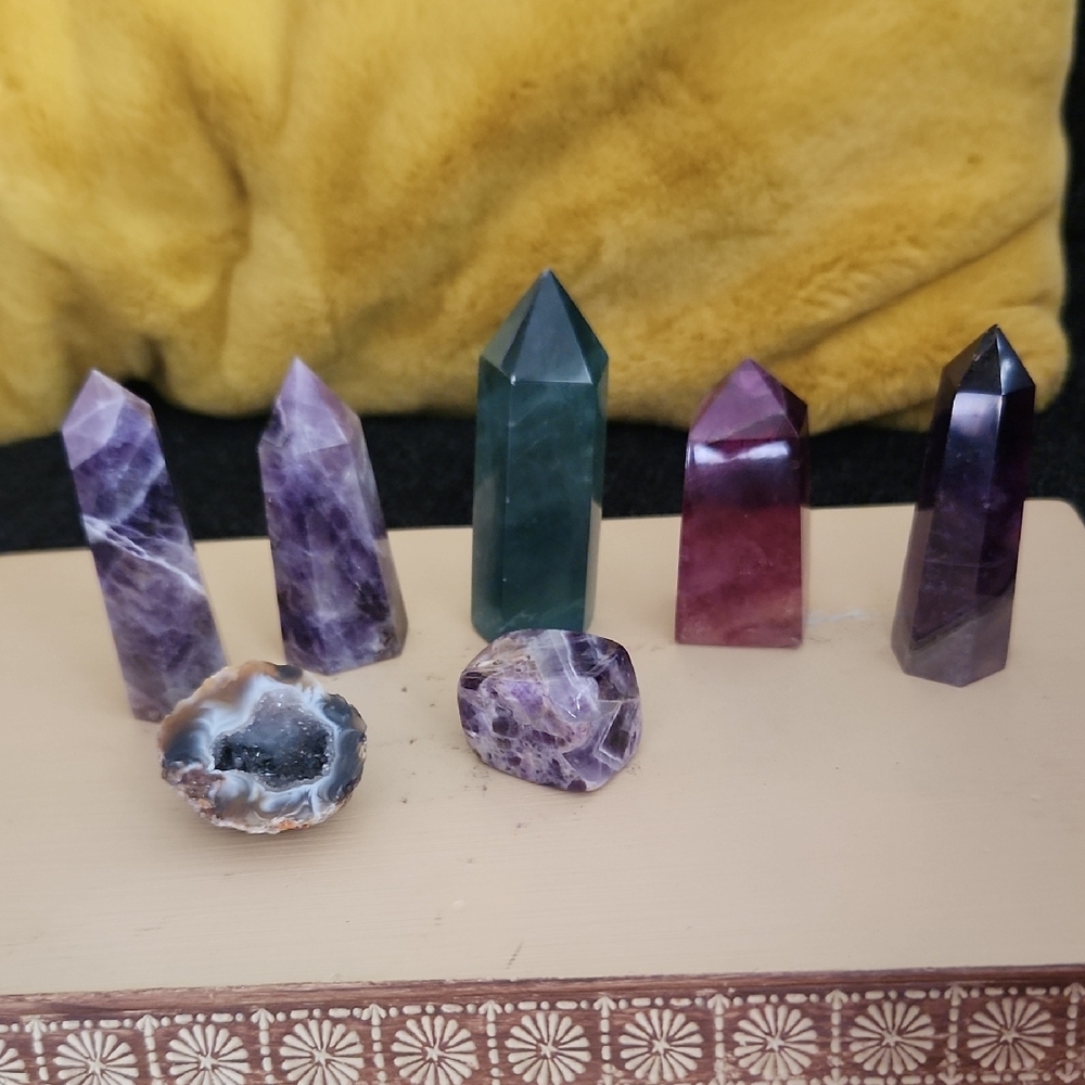 Amethyst and Green Crystal Obelisk Set